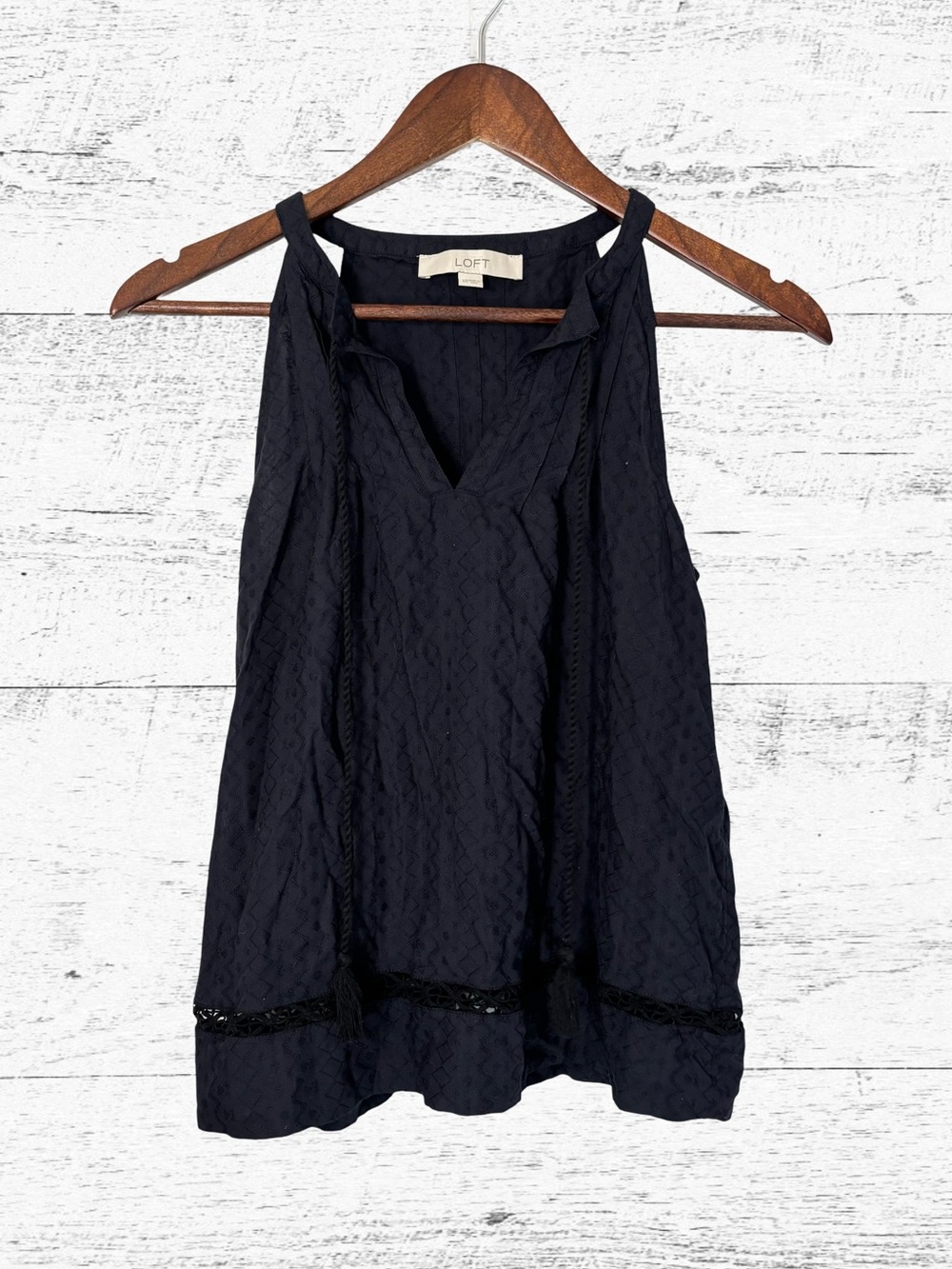 LOFT Navy Textured V-Neck Sleeveless Camisole with Braided Ties